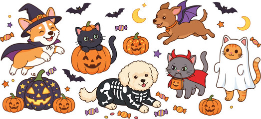 Obraz premium Cute Halloween Pets Sticker Set with Cartoon Cats and Dogs in Costumes, Spooky Jack-o-Lantern Pumpkins, and Festive Candies for Holiday Designs