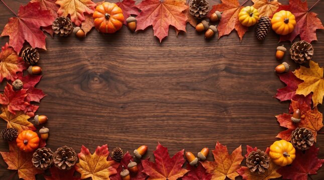 Autumn Leaf Border On Wood Background