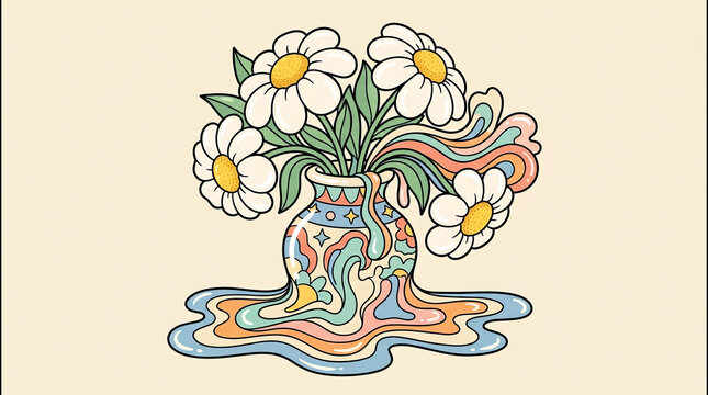 Flowers vase daisy floral in melting psychedelic swirl of colorful illustration retro vector creative art