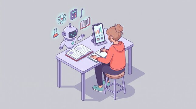 Student studying with robot assistant and digital tablet