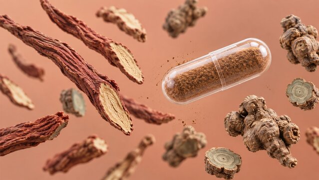 Transparent medicinal capsule filled with ground herb powder floating among slices of dried ginseng root.