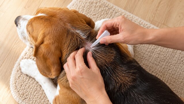 Overhead view of spot on treatment on a Beagles neck