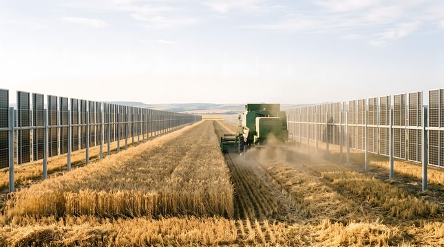 Combine harvester harvesting a field of golden wheat between rows of vertical bifacial solar panels.