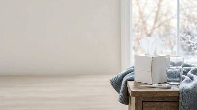 Cold and flu season banner with tissue box, thermometer and water. Healthcare concept with copy space on wooden table