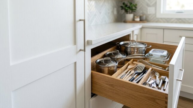 Open kitchen drawer with organized pots and utensils. Modern white cabinet storage and organization solutions