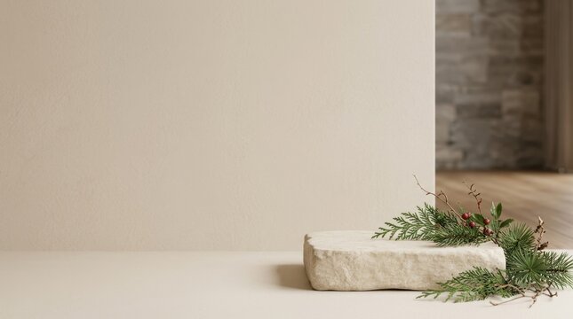 Minimalist stone pedestal display with conifer and berry accents. Empty textured rock podium on neutral beige background for holiday product showcase