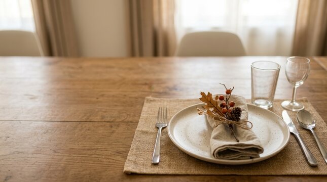 Simple Thanksgiving table setting on rustic wooden background. Autumn holiday place setting with dried leaf decor. Copy space