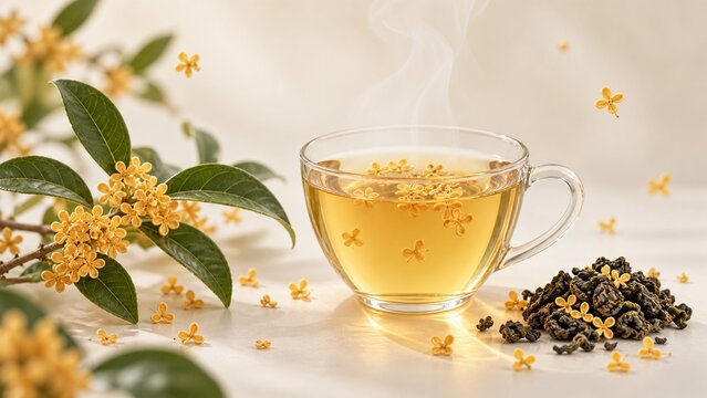 Osmanthus oolong tea in a clear glass cup with floating yellow flowers and dried loose tea leaves