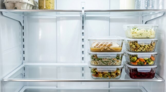 Organised Thanksgiving leftovers in glass containers inside a refrigerator. Meal prep and food storage in a clean modern fridge. Copy space