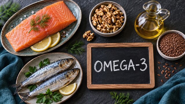 Omega 3 food sources with salmon and walnuts on slate