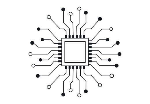 Detailed central processing unit microchip icon with circular nodes.