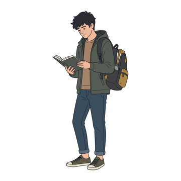 Young Male Student Wearing a Casual Hoodie and Backpack Reading an Open Book while Standing Isolated on a Plain White Background