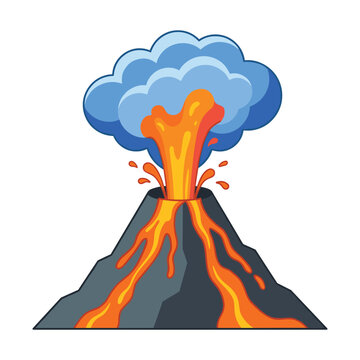 Volcano eruption with lava flowing down mountain and smoke cloud vector illustration