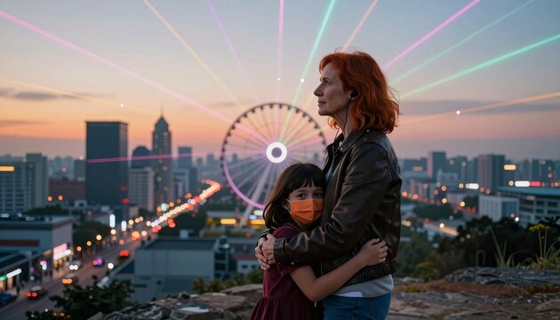 Senior woman and child embrace at sunset with illuminated Ferris wheel cityscape