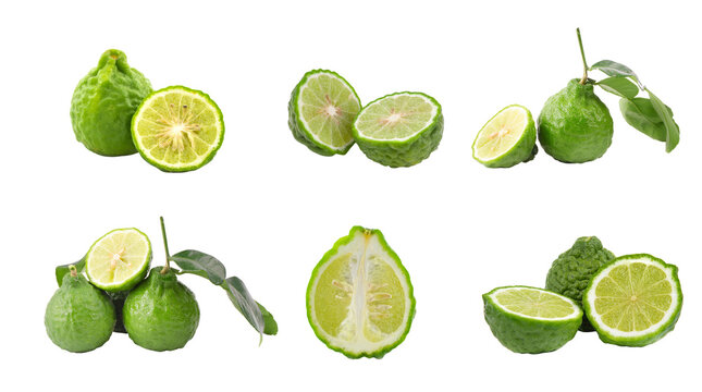 Fresh bergamot fruit collection, organic kaffir lime set with whole and sliced pieces, green citrus group on white background