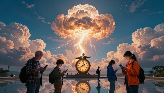 Surreal Digital Age Scene: People with Smartphones Under Giant Clock and Lightning Cloud