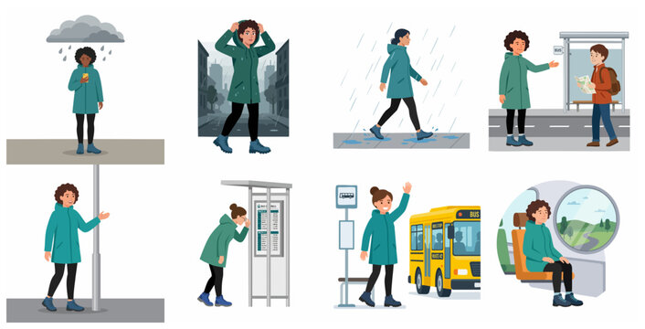 Set of Illustrations Featuring a Woman Commuting, Walking in the Rain, and Taking the Bus