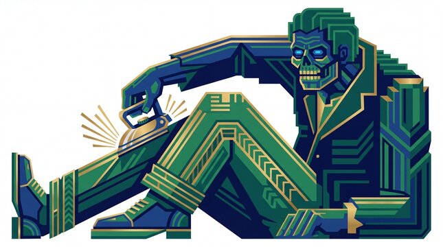 Art deco illustration of zombie ironing its geometric pants