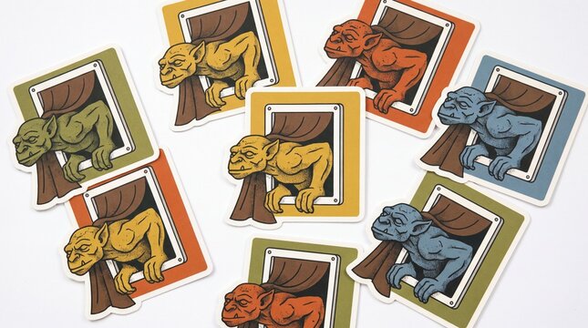 Gargoyle creature stuck in cat flap 1960s mod illustration stickers