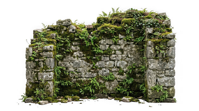 Ancient stone wall ruins covered with moss and ferns isolated on transparent background