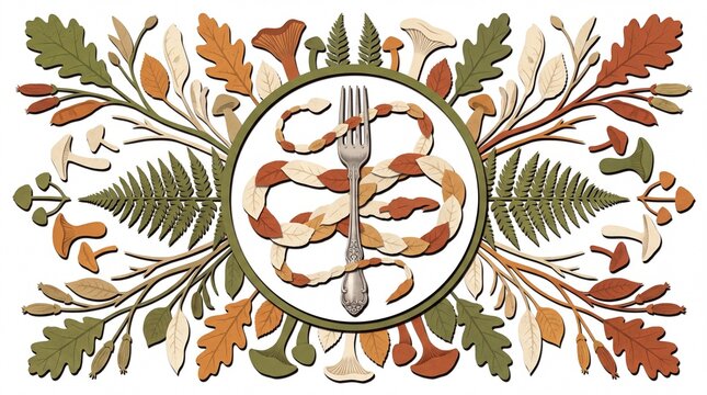 Tapeworm made of dried leaves twisting around antique fork in layered papercut illustration