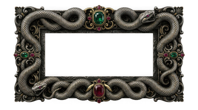 Ornate silver picture frame with snakes and gemstones isolated on transparent background