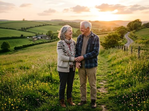 Elderly couple holding hands on a golden sunset countryside path surrounded by vibrant wildflowers and rolling green hills