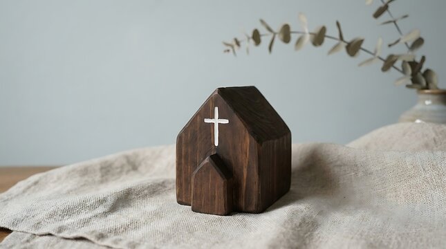 Small wooden church model with a white cross on a textured linen cloth