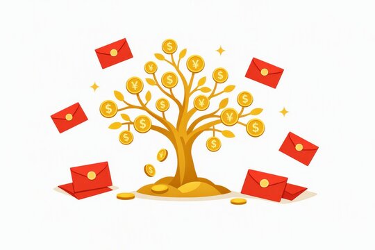 Golden money tree with red envelopes for lunar new year celebration background and prosperity banner design
