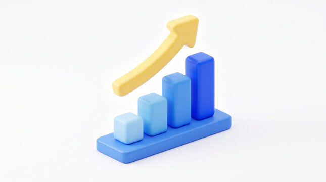 3d render of a growing bar chart with an upward pointing arrow isolated on white background