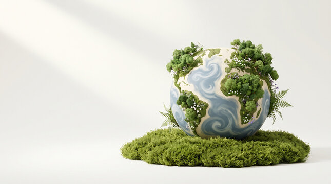 A conceptual 3d illustration of a globe covered in lush green forests and moss, isolated on white background
