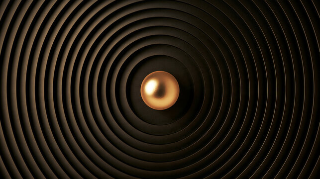 A single polished golden sphere sits in the center of concentric black circular rings. This abstract design represents luxury, focus, and modern minimalist concepts.