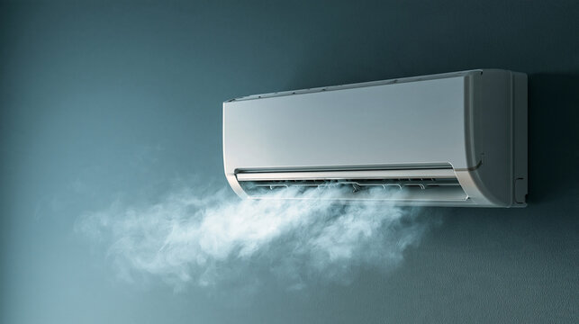 Modern air conditioner blowing cold air with visible mist on a dark wall. Concept for climate control, home comfort, and energy efficiency solutions.