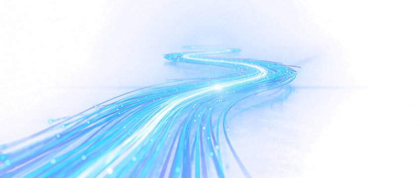 Fiber optic light streams winding through cyberspace in glowing blue and cyan tones, featuring luminous particle trails for high-speed telecommunications, internet, and cloud network concepts