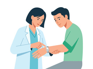 Obraz premium Healthcare Medical doctor examining patient's wrist. Female physician checking male patient in clinic. Healthcare professional consultation vector illustration. vactor