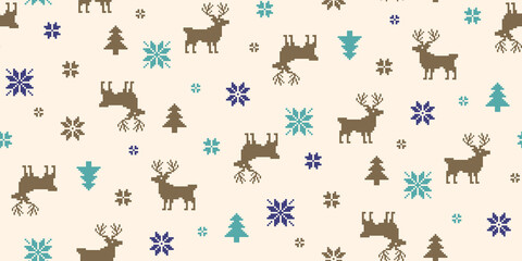 Winter pattern with reindeer and snowflakes on beige background © Wolfworker