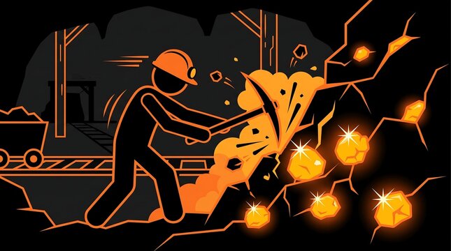 Minimalist mining stick figure illustration, coal miner working in underground tunnel, orange and black industrial gold mine vector art