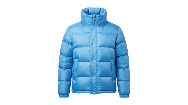 Blue puffer jacket with high collar and snap button closure isolated on transparent background