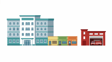 Fototapeta premium Multi-story hospital building, shops, and fire station with truck, flat design vector illustration