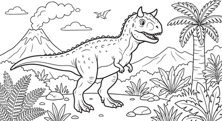 A cartoon carnotaurus dinosaur with horns standing in a tropical prehistoric landscape with palm trees, volcanoes, and a pterodactyl, outlined in black and white for a also transparent background © BeCoolOk