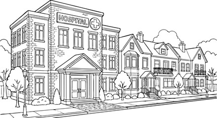 Obraz premium Classic hospital building with a prominent sign and cross symbol, adjacent residential homes, trees, and streetlights, line art illustration