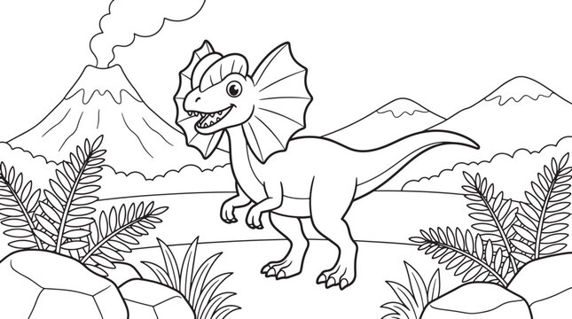 A cartoon dilophosaurus dinosaur with a frill around its neck standing in a prehistoric landscape with smoking volcanoes and ferns, outlined in black and white for a also transparent background