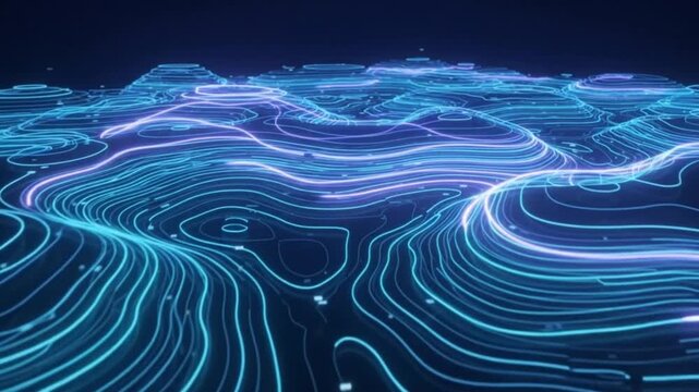 abstract glowing topographic map motion loop with neon blue lines and terrain data visualization