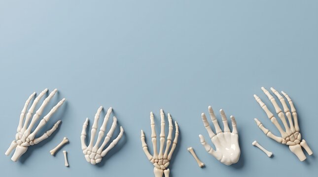 Minimalist halloween background featuring multiple realistic skeleton hands arranged in a row on a soft blue surface flat lay