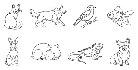 Obraz premium Line art illustrations of various domestic animals and pets collection.