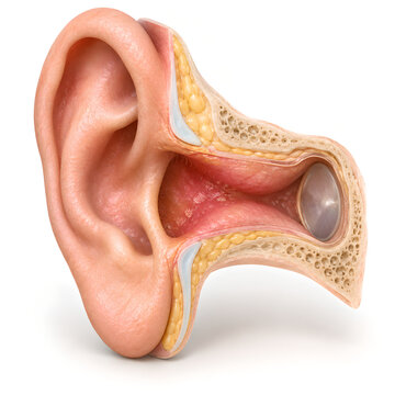 Otitis externa in the external ear canal, isolated medical 3D anatomy render showing moderate inflammation, swelling and narrowing for patient education, ENT care, and healthcare design