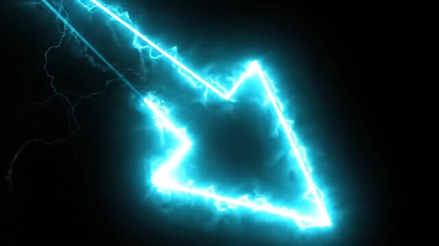 Blue glowing electric arrow pointing down on black background