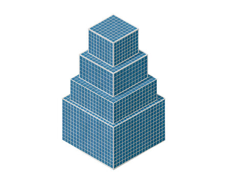 Isometric stacked cube structure with blue grid lines and white edges isolated on transparent background