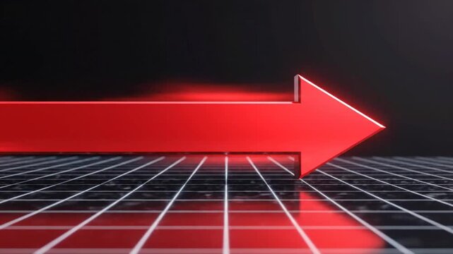Bold red 3D arrow pointing right on dark digital grid background