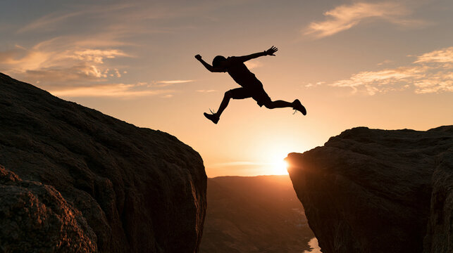 Silhouette of a man jumping over a deep mountain gap at sunset. Conceptual image for overcoming challenges, risk-taking, and achieving goals in business.